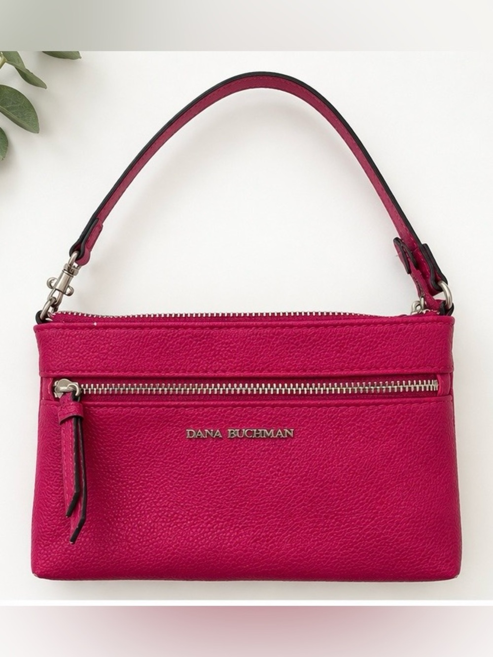 Dana Buchman Fuchsia Leather Zip mini bag  with Silver Hardware